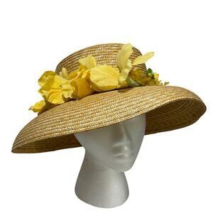 Baxter Wells wide brim straw sunhat with yellow silk flowers hatband cottagecore